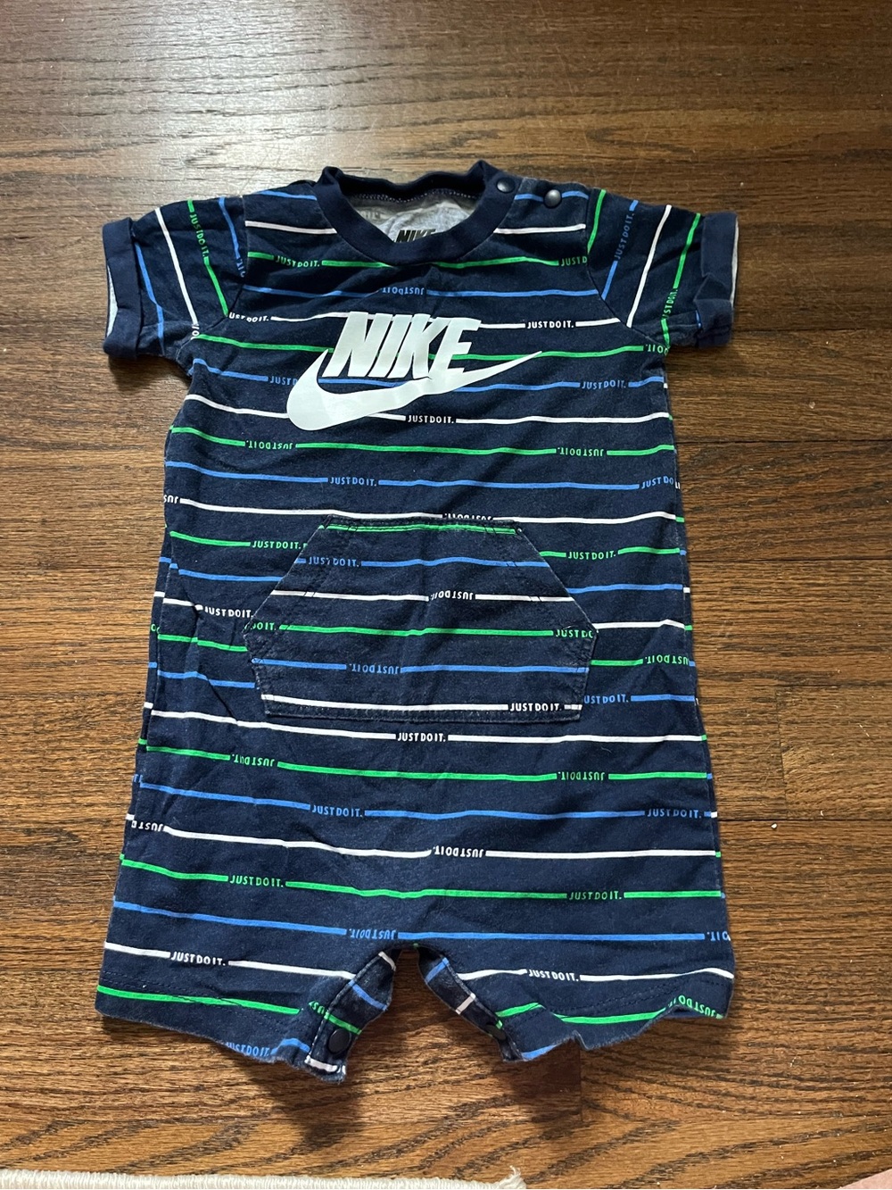 Nike Navy Striped Infant One-Piece with White Logo and Green Accents